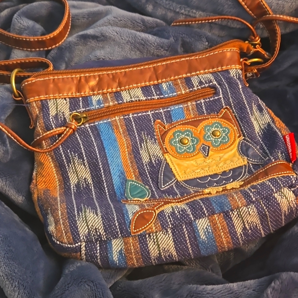 Crossbody purse, blue and brown in color